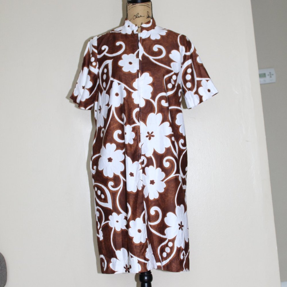 Vintage Alice Polynesian Fashions Brown White Floral Hawaiian Dress Women's S/M